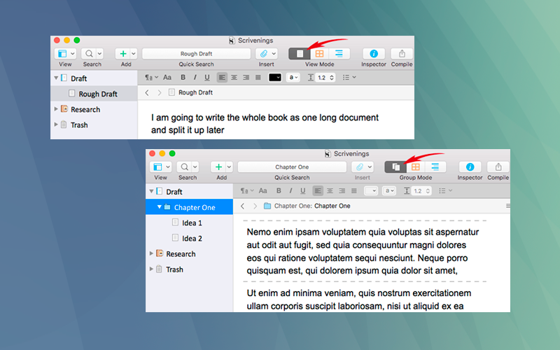 One document selected only - Scrivener View Modes