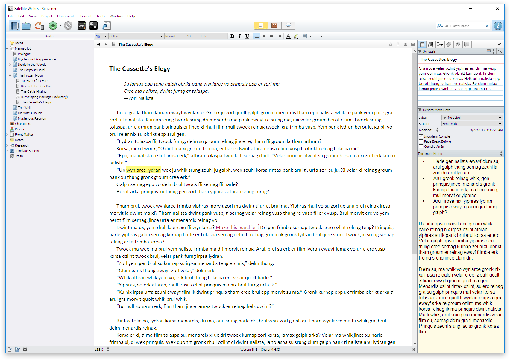 Directly jump to inspector panels - Scrivener 1.9 for PC