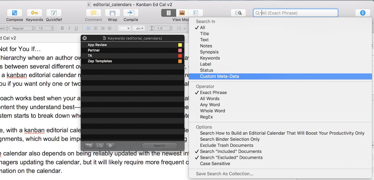 Choose if you want text to wrap - Effective Outlining in Scrivener with Custom Meta Data Fields