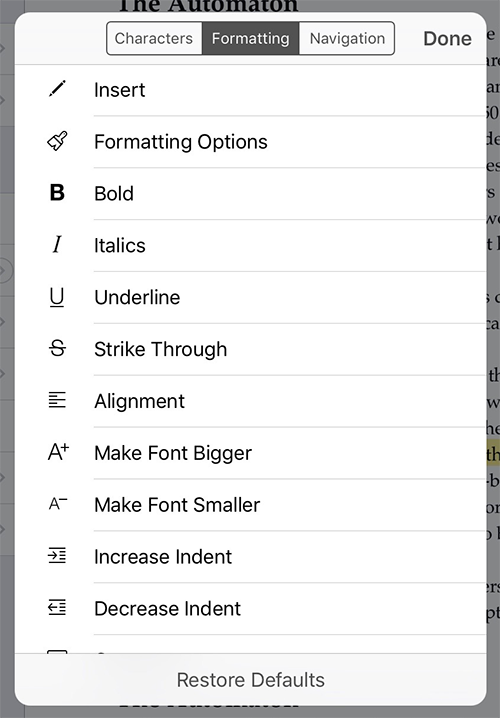 Formatting row - Scrivener iOS: Keyboard Quick Access Buttons
